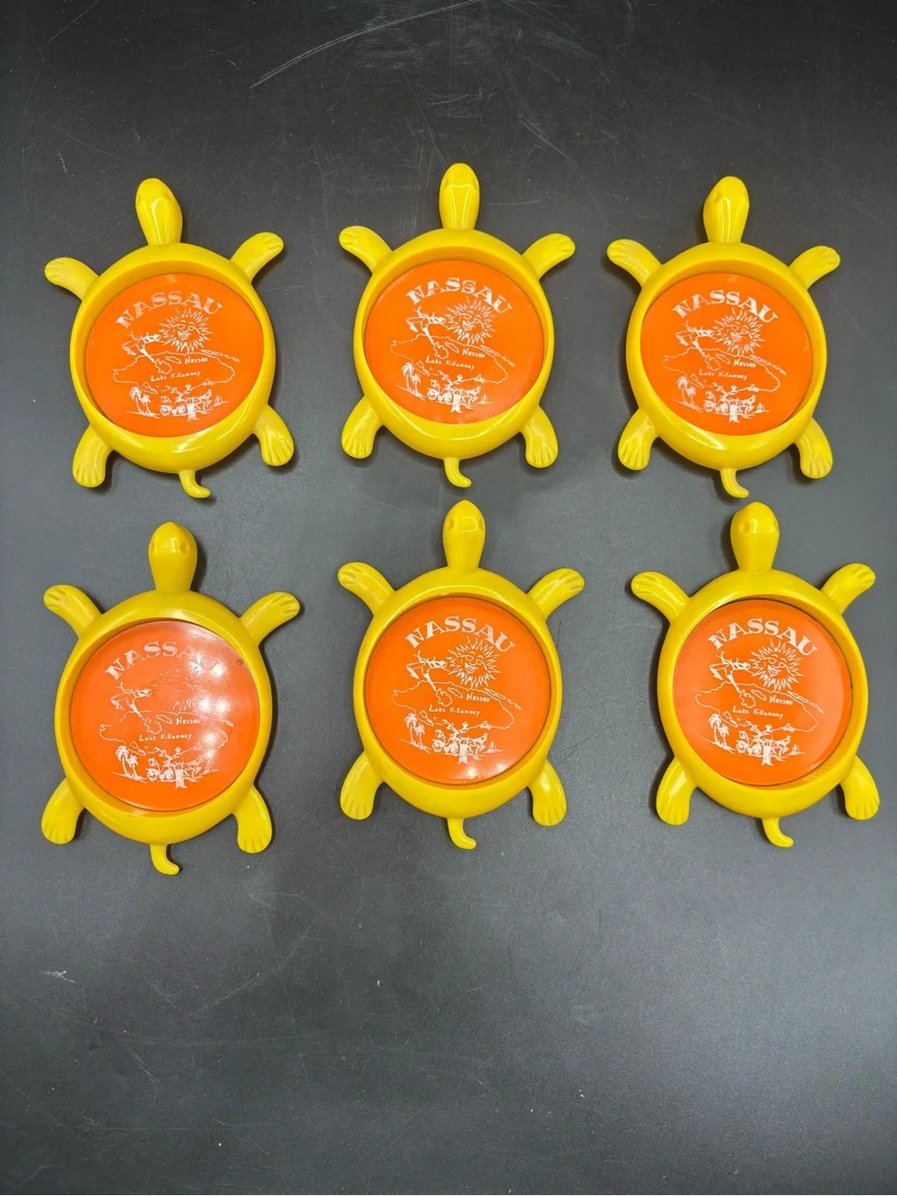 Vintage Coasters Turtles Souvenir Nassau Bahamas 1970s Plastic Yellow Set of 6